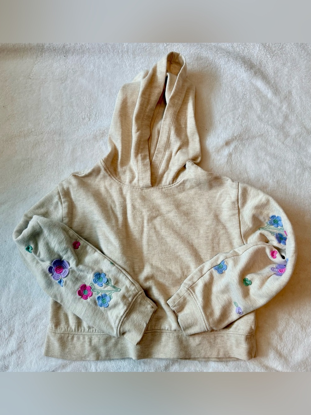 Kids' Crewcuts Cotton Blend Hooded Sweatshirt with Floral Sleeve Embroidery